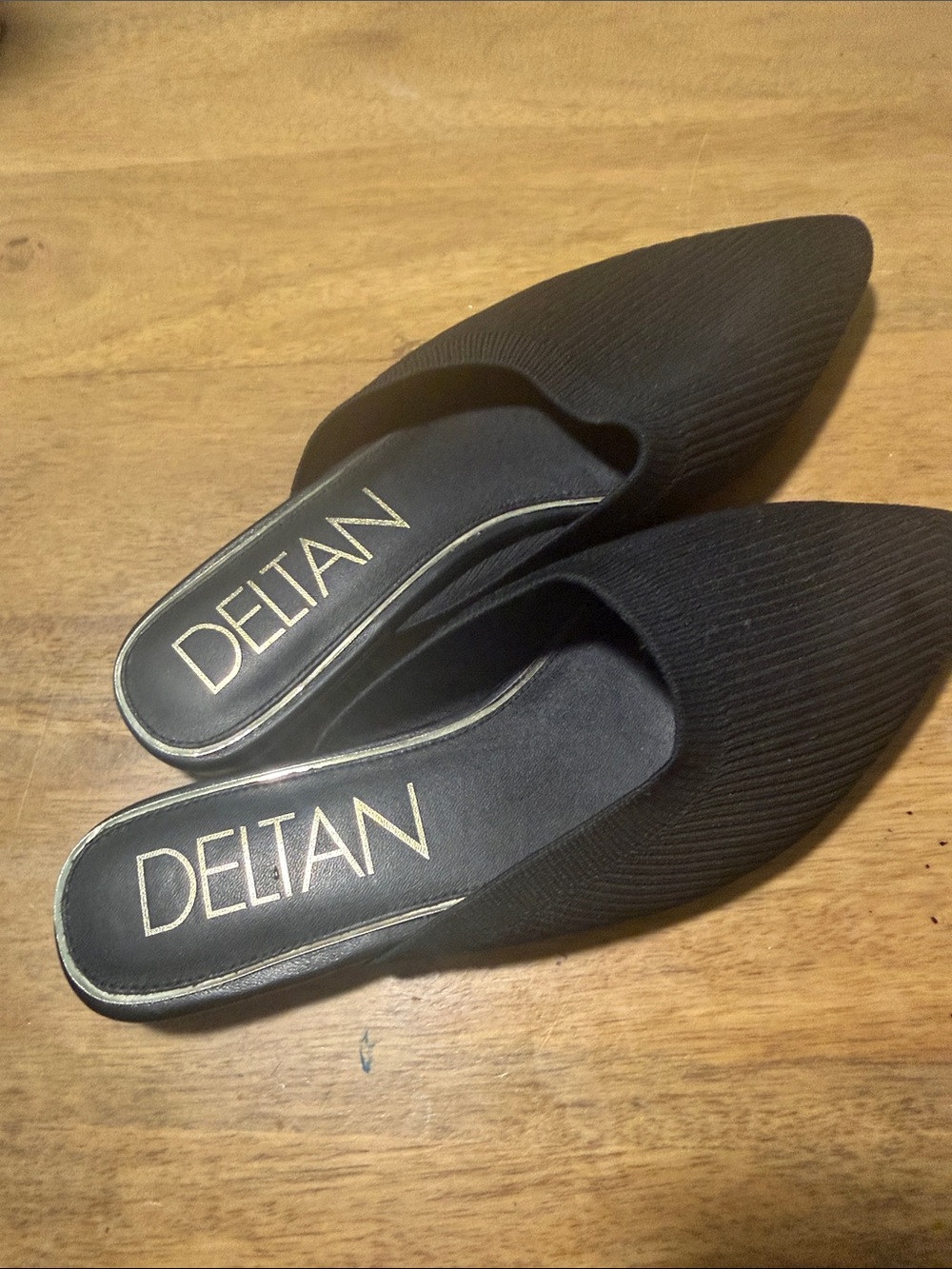 Delta Black Pointed Ribbed Slip-On Mules